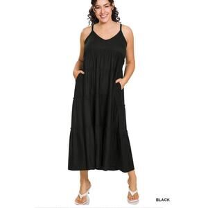 Zenana NWOT Black V-Neck Cami Maxi Tiered Dress Pockets Size 3X